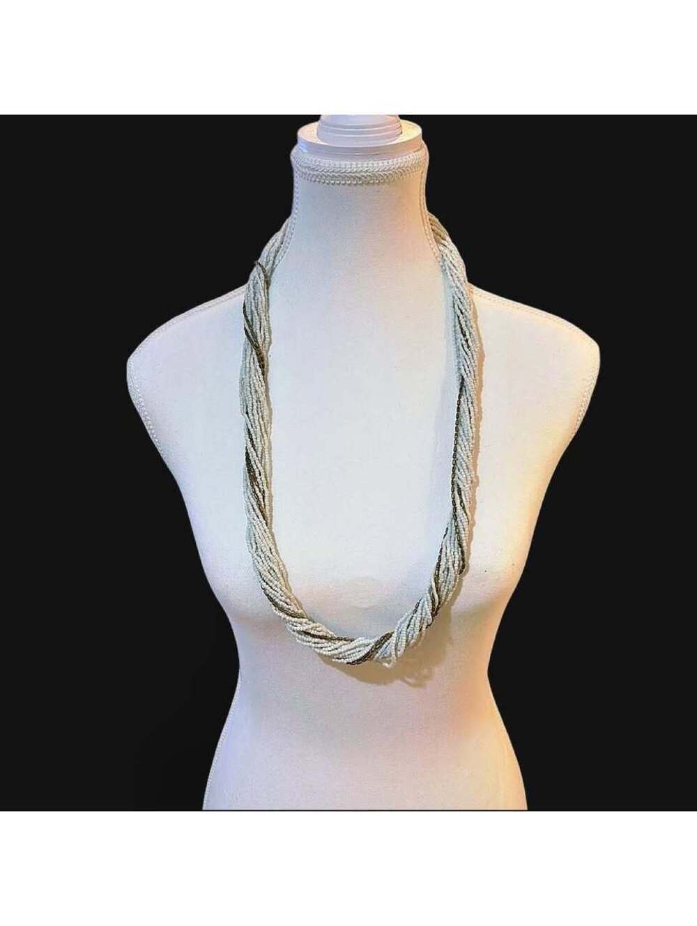 Multi-Strand White Seed Bead and Bronze Twisted Necklace